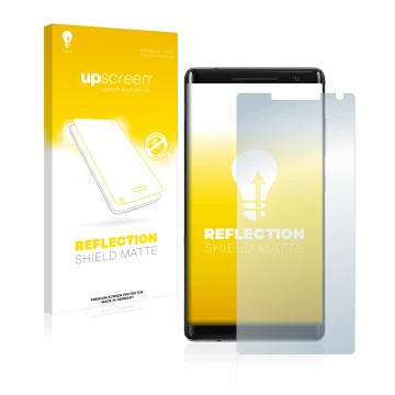 Parte frontal de un envase de producto con el logotipo de la marca upscreen. Al lado se muestra el dispositivo Nokia 8 Sirocco