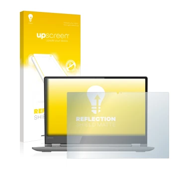 Parte frontal de un envase de producto con el logotipo de la marca upscreen. Al lado se muestra el dispositivo Lenovo Yoga 530