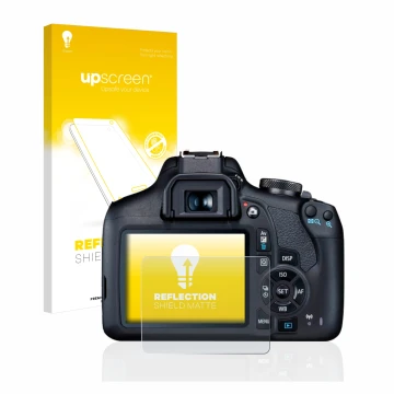 Parte frontal de un envase de producto con el logotipo de la marca upscreen. Al lado se muestra el dispositivo Canon EOS 2000D