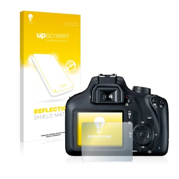 Parte frontal de un envase de producto con el logotipo de la marca upscreen. Al lado se muestra el dispositivo Canon EOS 4000D
