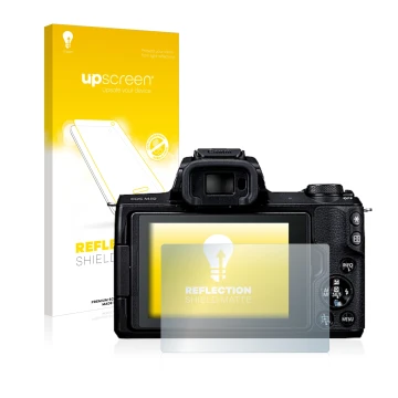 Parte frontal de un envase de producto con el logotipo de la marca upscreen. Al lado se muestra el dispositivo Canon EOS M50 c