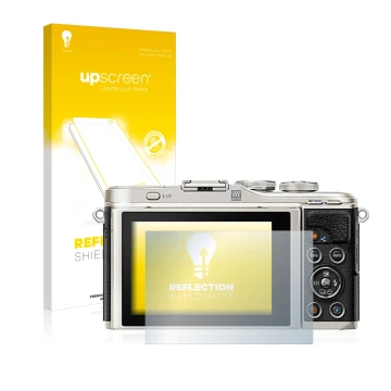 Parte frontal de un envase de producto con el logotipo de la marca upscreen. Al lado se muestra el dispositivo Olympus PEN E-P