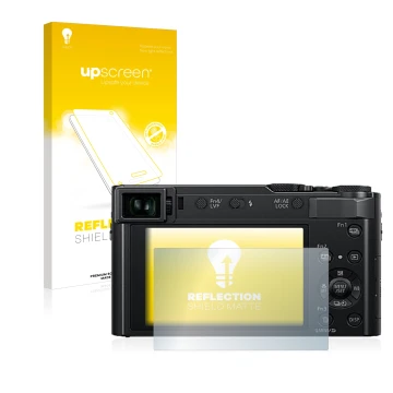 Parte frontal de un envase de producto con el logotipo de la marca upscreen. Al lado se muestra el dispositivo Panasonic Lumix