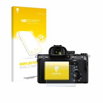 Parte frontal de un envase de producto con el logotipo de la marca upscreen. Al lado se muestra el dispositivo Sony Alpha 7 II