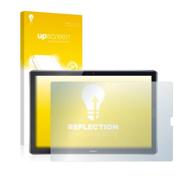 Parte frontal de un envase de producto con el logotipo de la marca upscreen. Al lado se muestra el dispositivo Huawei MediaPad