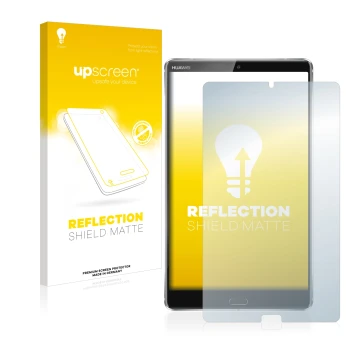 Parte frontal de un envase de producto con el logotipo de la marca upscreen. Al lado se muestra el dispositivo Huawei MediaPad