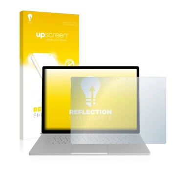 Parte frontal de un envase de producto con el logotipo de la marca upscreen. Al lado se muestra el dispositivo Microsoft Surfa