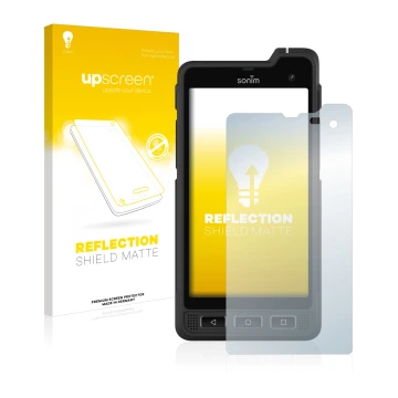 Parte frontal de un envase de producto con el logotipo de la marca upscreen. Al lado se muestra el dispositivo Sonim XP8 con s