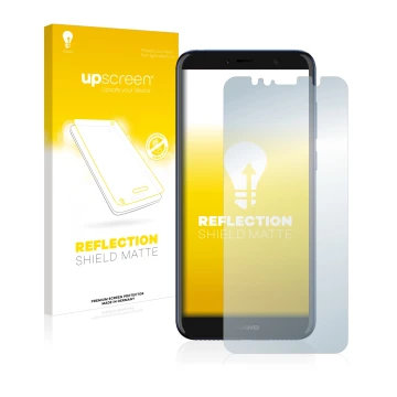 Parte frontal de un envase de producto con el logotipo de la marca upscreen. Al lado se muestra el dispositivo Huawei Y6 2018 
