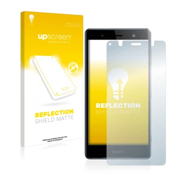 Parte frontal de un envase de producto con el logotipo de la marca upscreen. Al lado se muestra el dispositivo Sony Xperia XZ2