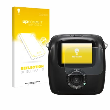 Parte frontal de un envase de producto con el logotipo de la marca upscreen. Al lado se muestra el dispositivo Fujifilm Instax