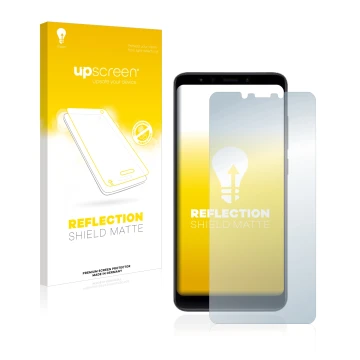 Parte frontal de un envase de producto con el logotipo de la marca upscreen. Al lado se muestra el dispositivo Xiaomi Mi A2 co