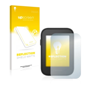 Parte frontal de un envase de producto con el logotipo de la marca upscreen. Al lado se muestra el dispositivo Garmin Approach