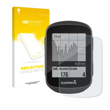 Parte frontal de un envase de producto con el logotipo de la marca upscreen. Al lado se muestra el dispositivo Garmin Edge 130
