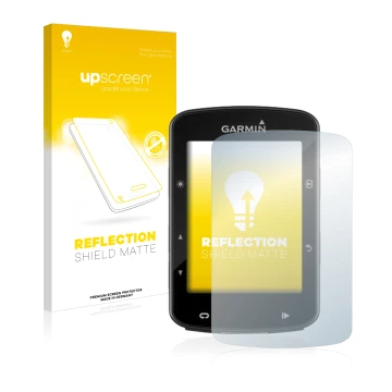 Parte frontal de un envase de producto con el logotipo de la marca upscreen. Al lado se muestra el dispositivo Garmin Edge 520