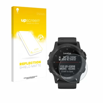 Parte frontal de un envase de producto con el logotipo de la marca upscreen. Al lado se muestra el dispositivo Garmin Tactix C
