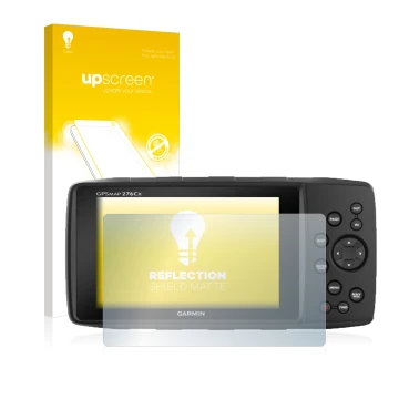 Parte frontal de un envase de producto con el logotipo de la marca upscreen. Al lado se muestra el dispositivo Garmin GPSMAP 2