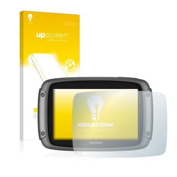 Parte frontal de un envase de producto con el logotipo de la marca upscreen. Al lado se muestra el dispositivo TomTom Rider 50
