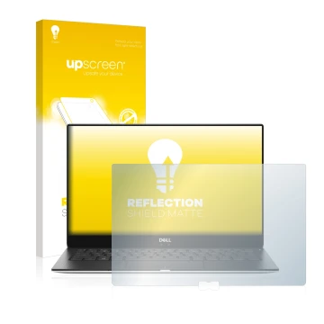 Parte frontal de un envase de producto con el logotipo de la marca upscreen. Al lado se muestra el dispositivo Dell XPS 13 937