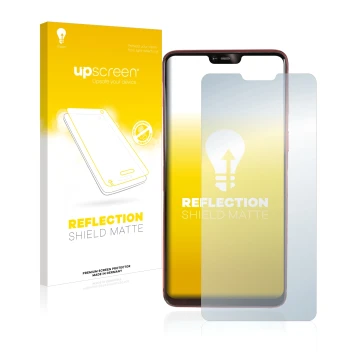 Parte frontal de un envase de producto con el logotipo de la marca upscreen. Al lado se muestra el dispositivo Oppo R15 Pro co