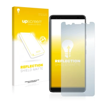 Parte frontal de un envase de producto con el logotipo de la marca upscreen. Al lado se muestra el dispositivo HTC U12 Plus co