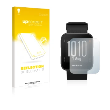 Parte frontal de un envase de producto con el logotipo de la marca upscreen. Al lado se muestra el dispositivo Garmin Approach