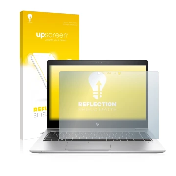 Parte frontal de un envase de producto con el logotipo de la marca upscreen. Al lado se muestra el dispositivo HP EliteBook 84