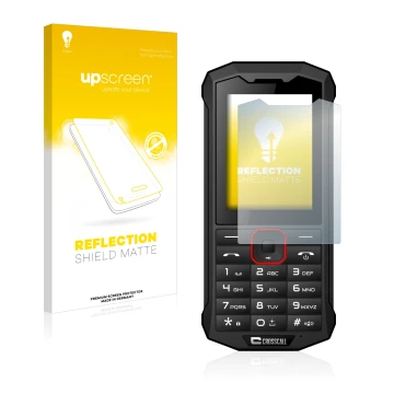 Parte frontal de un envase de producto con el logotipo de la marca upscreen. Al lado se muestra el dispositivo Crosscall Spide