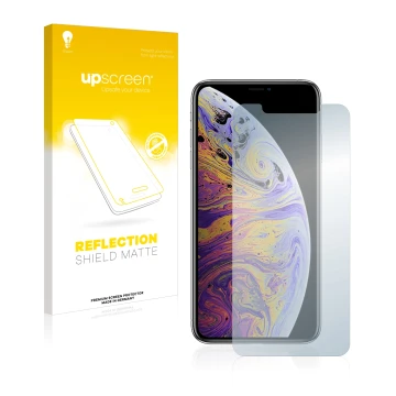 Parte frontal de un envase de producto con el logotipo de la marca upscreen. Al lado se muestra el dispositivo Apple iPhone Xs