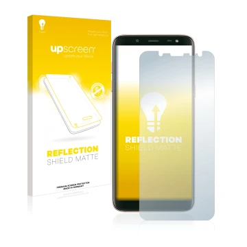 Parte frontal de un envase de producto con el logotipo de la marca upscreen. Al lado se muestra el dispositivo Samsung Galaxy 
