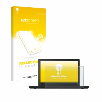 Parte frontal de un envase de producto con el logotipo de la marca upscreen. Al lado se muestra el dispositivo Lenovo ThinkPad