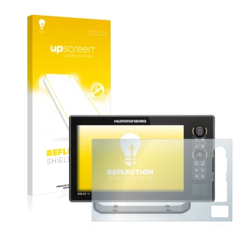 Parte frontal de un envase de producto con el logotipo de la marca upscreen. Al lado se muestra el dispositivo Humminbird Soli