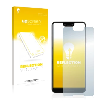 Parte frontal de un envase de producto con el logotipo de la marca upscreen. Al lado se muestra el dispositivo Google Pixel 3 