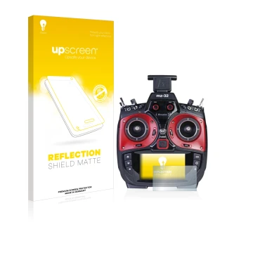 Parte frontal de un envase de producto con el logotipo de la marca upscreen. Al lado se muestra el dispositivo Graupner MZ-32 