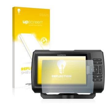 Parte frontal de un envase de producto con el logotipo de la marca upscreen. Al lado se muestra el dispositivo Garmin Striker 