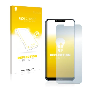 Parte frontal de un envase de producto con el logotipo de la marca upscreen. Al lado se muestra el dispositivo Honor Play con 