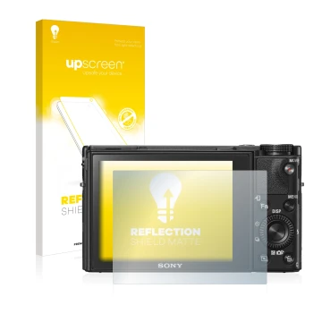 Parte frontal de un envase de producto con el logotipo de la marca upscreen. Al lado se muestra el dispositivo Sony Cyber-Shot