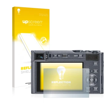 Parte frontal de un envase de producto con el logotipo de la marca upscreen. Al lado se muestra el dispositivo Leica C-Lux con