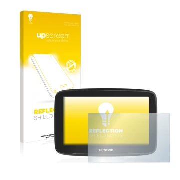 Parte frontal de un envase de producto con el logotipo de la marca upscreen. Al lado se muestra el dispositivo TomTom GO Basic