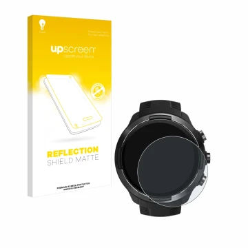 Parte frontal de un envase de producto con el logotipo de la marca upscreen. Al lado se muestra el dispositivo Suunto 9 con su