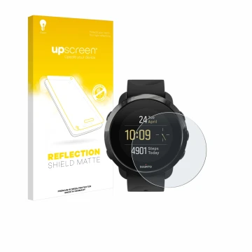Parte frontal de un envase de producto con el logotipo de la marca upscreen. Al lado se muestra el dispositivo Suunto 3 Fitnes