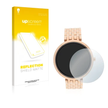Parte frontal de un envase de producto con el logotipo de la marca upscreen. Al lado se muestra el dispositivo Xlyne X-Watch S