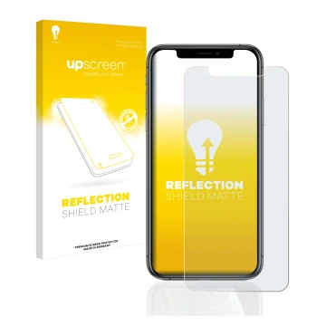 Parte frontal de un envase de producto con el logotipo de la marca upscreen. Al lado se muestra el dispositivo Apple iPhone Xs