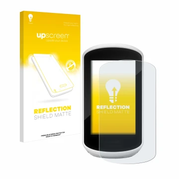 Parte frontal de un envase de producto con el logotipo de la marca upscreen. Al lado se muestra el dispositivo Garmin Edge Exp