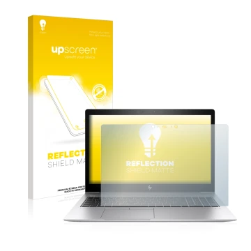 Parte frontal de un envase de producto con el logotipo de la marca upscreen. Al lado se muestra el dispositivo HP EliteBook 85