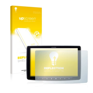 Parte frontal de un envase de producto con el logotipo de la marca upscreen. Al lado se muestra el dispositivo Alpine iLX-F903