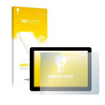 Parte frontal de un envase de producto con el logotipo de la marca upscreen. Al lado se muestra el dispositivo Microsoft Surfa