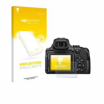 Parte frontal de un envase de producto con el logotipo de la marca upscreen. Al lado se muestra el dispositivo Nikon Coolpix P