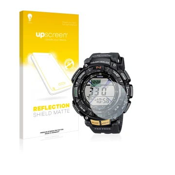 Parte frontal de un envase de producto con el logotipo de la marca upscreen. Al lado se muestra el dispositivo Casio Pro Trek 