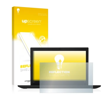 Parte frontal de un envase de producto con el logotipo de la marca upscreen. Al lado se muestra el dispositivo Lenovo Thinkpad